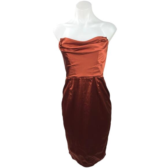 Oh Polly Dresses & Skirts - NEW Oh Polly Silk Satin Brown Strapless Cowl Cocktail Tube Mini Sheath Dress 8